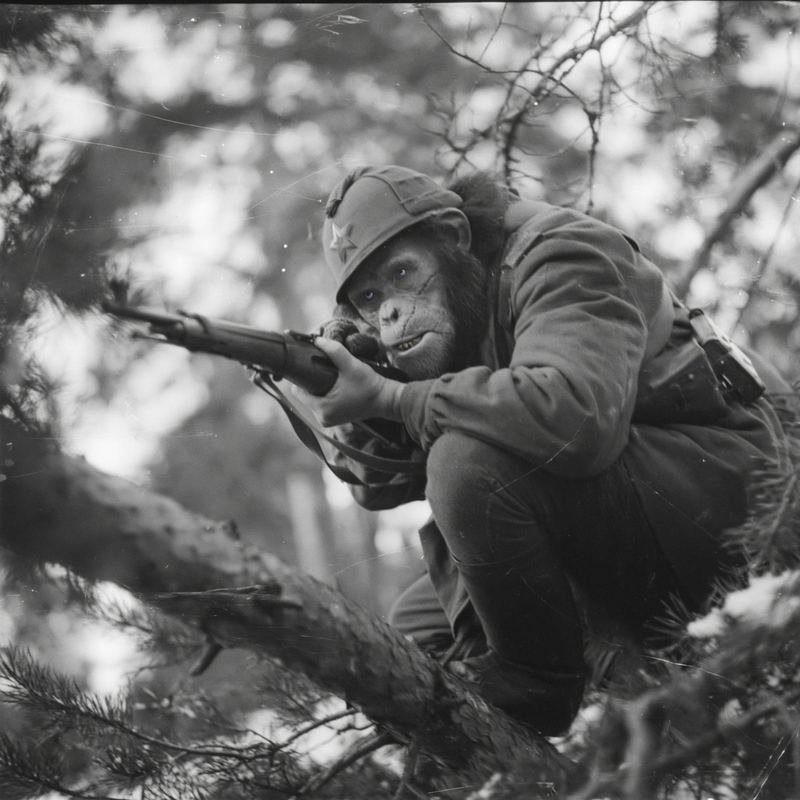 Recovered field photograph — sniper in pine forest, 1951