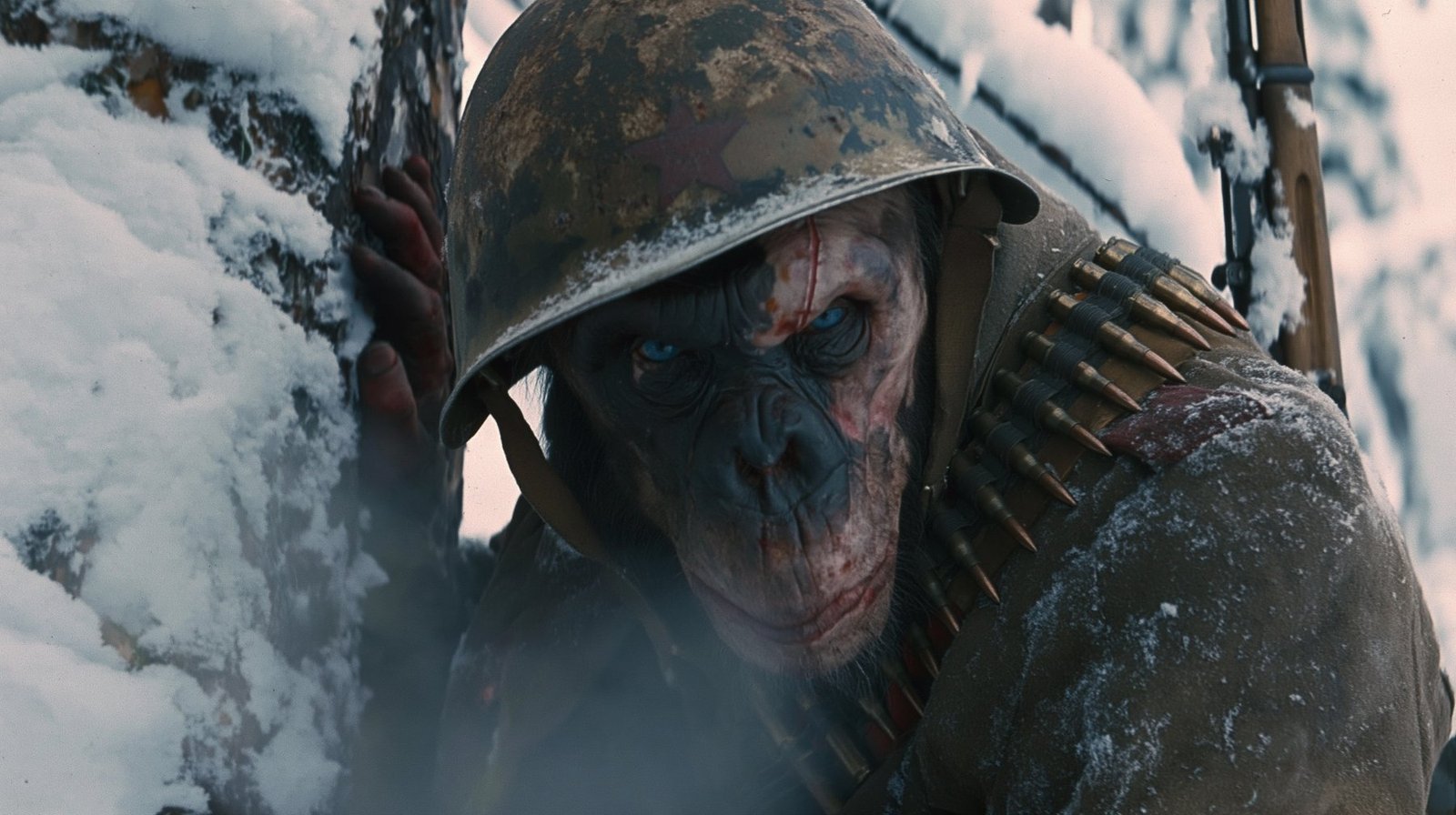 Engineered ape soldier in winter combat