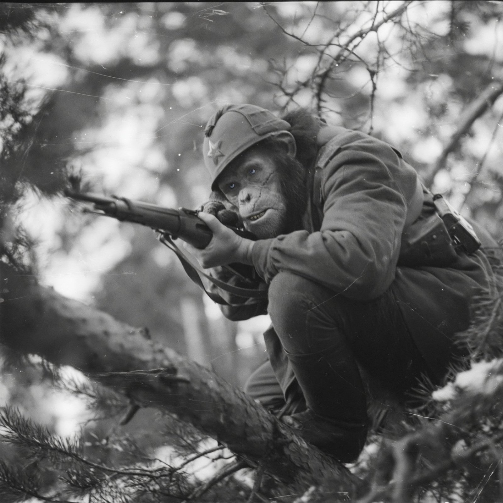 Recovered field photograph — sniper in pine forest, 1951